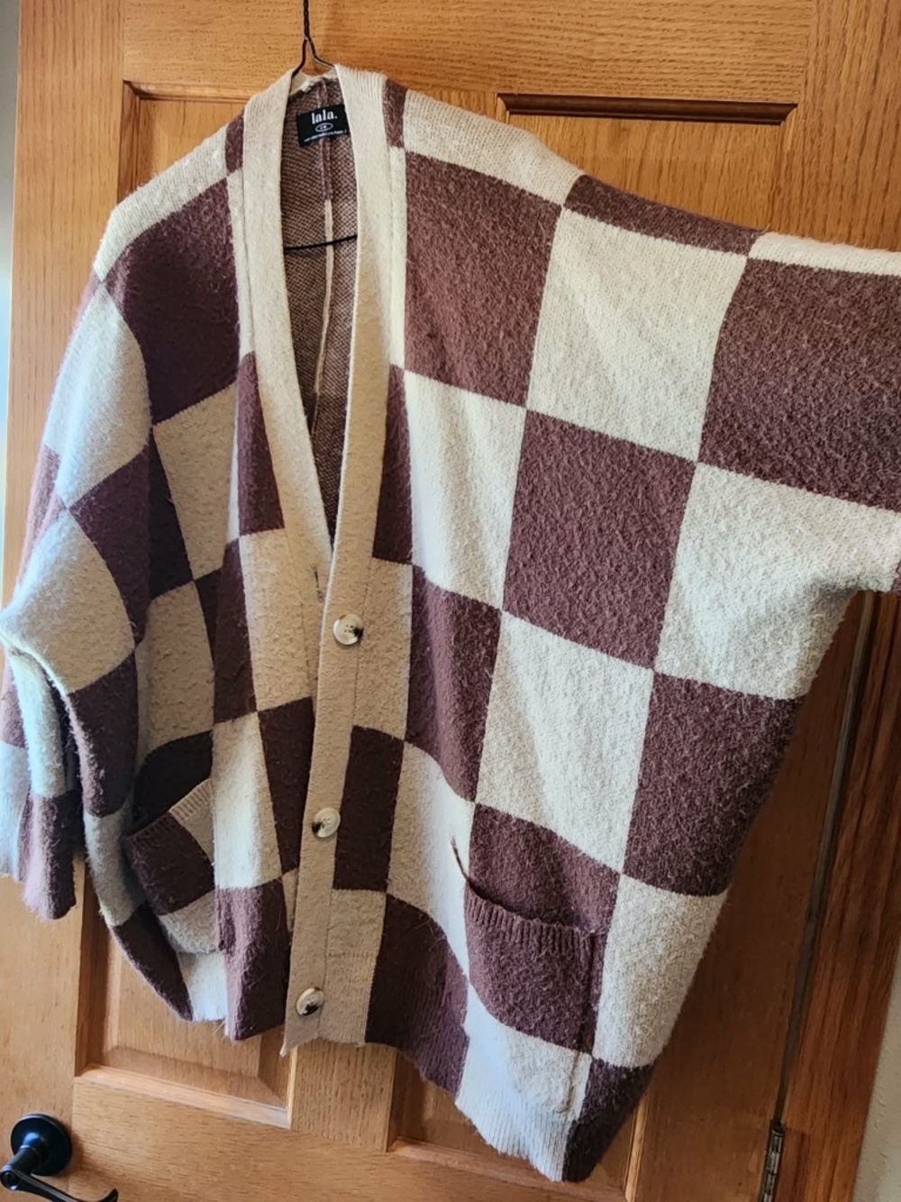 Dressed In LALA Love You Oversized Checkerboard Cardigan in Brown and Tan